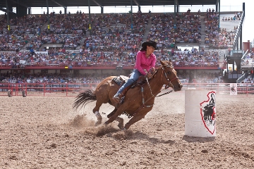 Christy Loflin competing at the Cheyenne Frontier Days Rodeo CREDIT TYLER STOCKTON