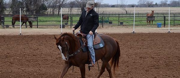 Using her outside rein, Montgomery is able to keep her horse’s outside shoulder engaged and driving forward, which will make for a quicker turn on the pattern.