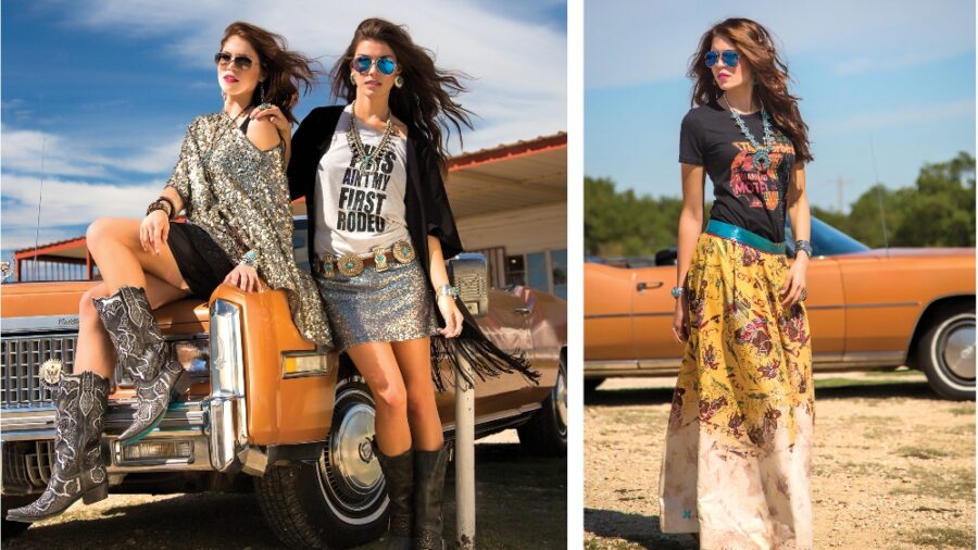 Photo left LEFT: Cowgirl Tuff graphic tank top under a Tosha Polizzi poncho; Cowgirl Justice mini skirt; West & Co. earrings and necklace; Gypsy Junkies layered necklaces; Patrica Wolf Leather wrap bracelet (right hand); Montana Silversmith bracelet (left hand); Western Vintage Revival cuff (left hand); and Lane Boots. RIGHT: Cowgirl Justice t-shirt, skirt and kimono; Silver Creations of the Southwest concho belt, squash blossom necklace, earrings and bracelet; Rhed Lucy ring, and Lane Boots Photo right: Gypsy Soule T-shirt; Livewire Clothing Co. skirt; Rhed Lucy ring (left hand); Bilagaanas ring (right hand) and cuff bracelets; Chelsea Collette Collection squash blossom necklace and earrings; and Corral boots.