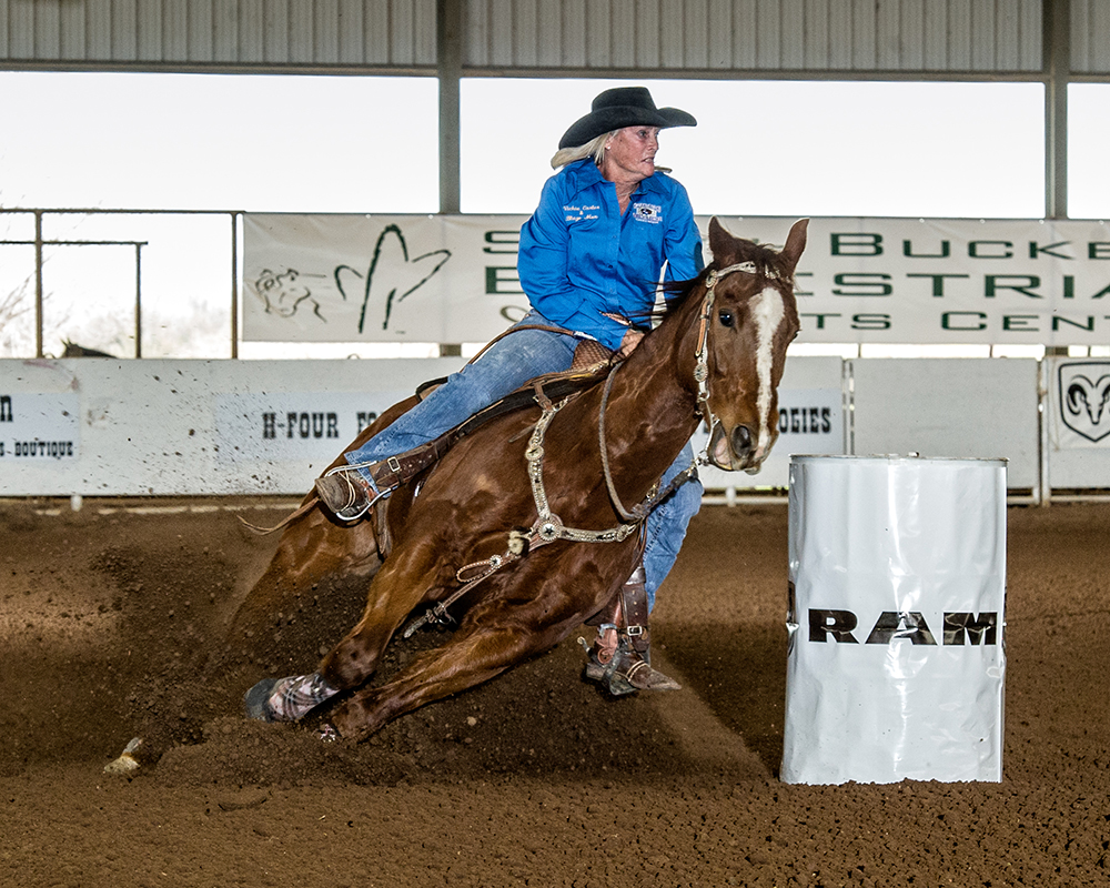 Vickie Carter rides for Rachel aboard Blaze Ta Fame at the PRCA rodeo in Buckeye, Ariz.