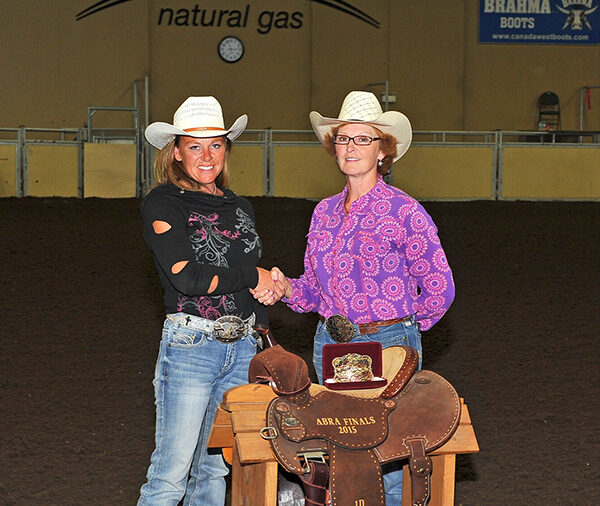 Melissa Harding of Brooks, Alta., takes home the ABRA Open 1D Champion saddle.