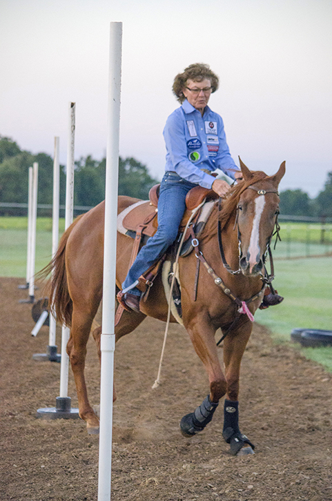 Mary Burger taking colt through pole pattern