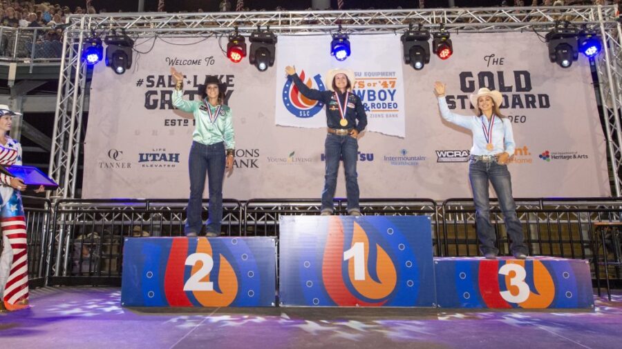 2019 Days Of '47 barrel racing medalists standing on the podium