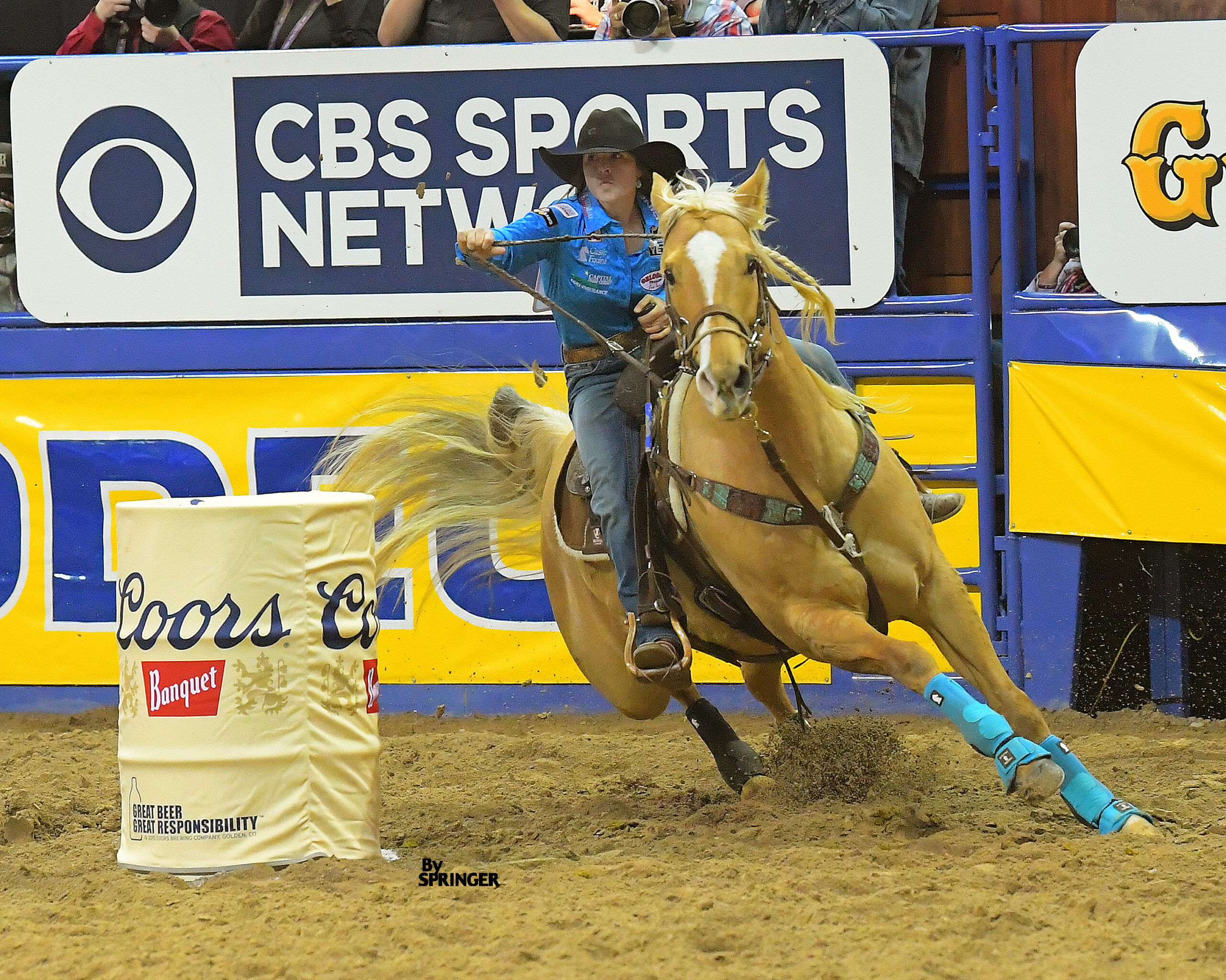 Hailey Kinsel and DM Sissy Hayday turning the first barrel
