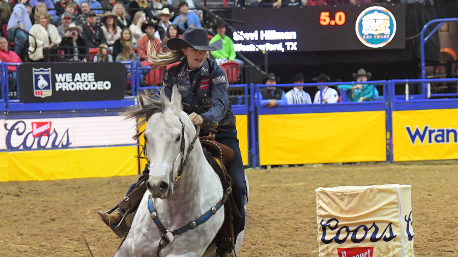 Stevi Hillman turns the second barrel at the 2019 NFR