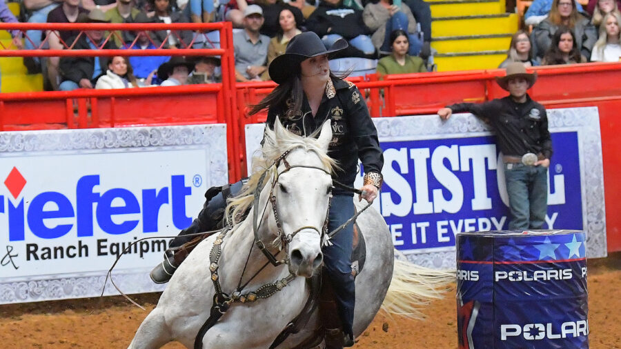 Haley Wolfe and Iron Eyes Rio Bravo turning a barrel at The American Semifinals