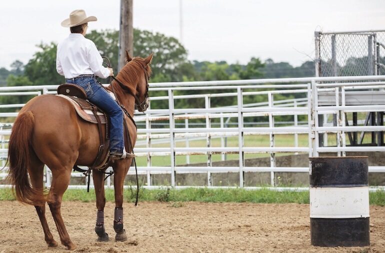 Janet Staton stopping horse by barrel