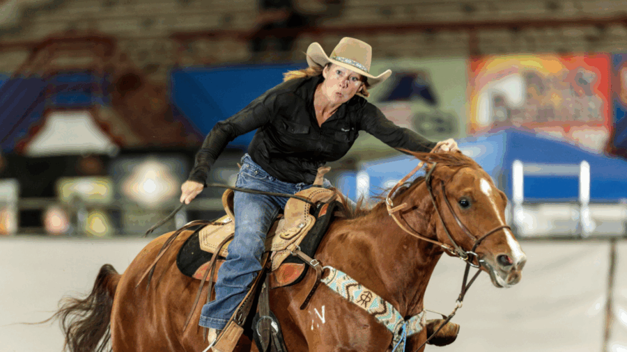 Caroline Boucher running home at a barrel race