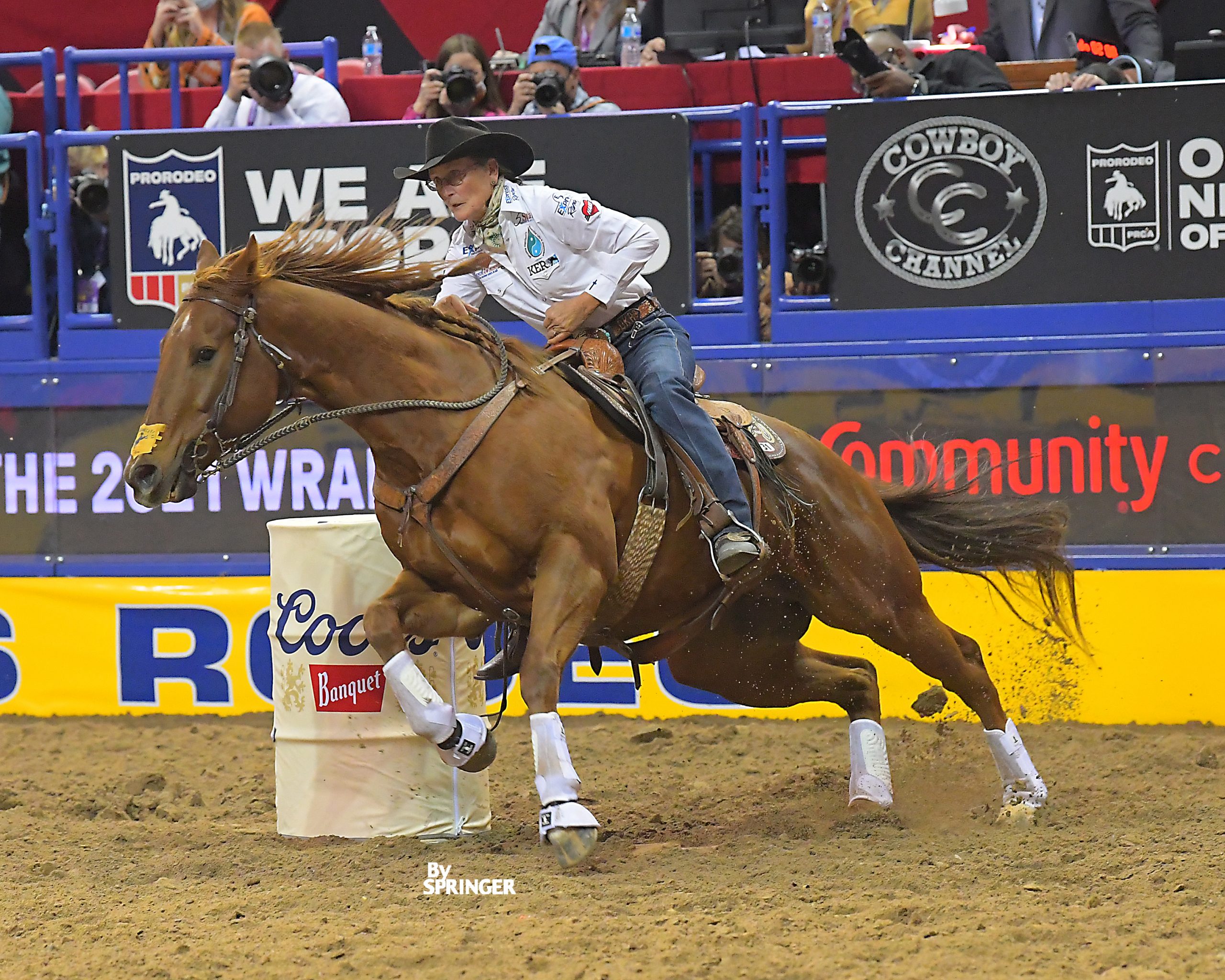 Dona Kay Rule leaving a barrel at the Wrangler NFR