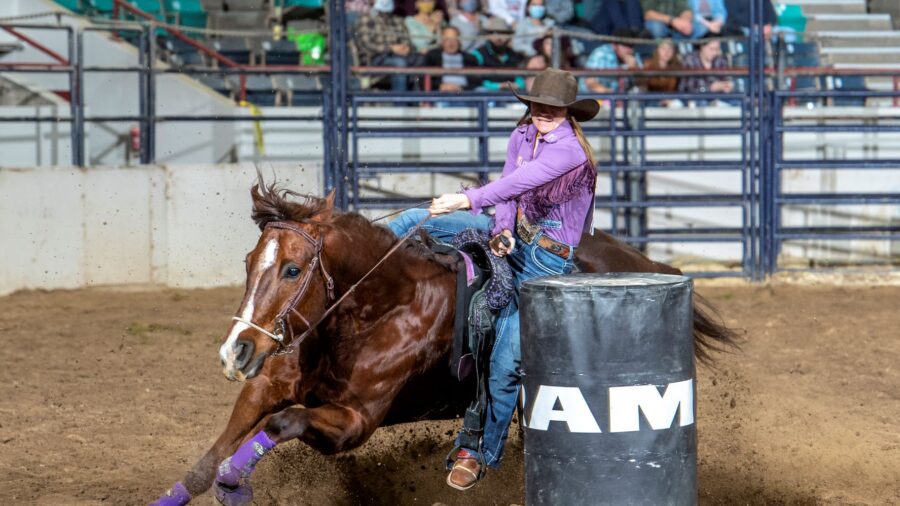 Amanda Welsh and Frenchman Fire Fly competing at Colorado vs. the World barrel racing