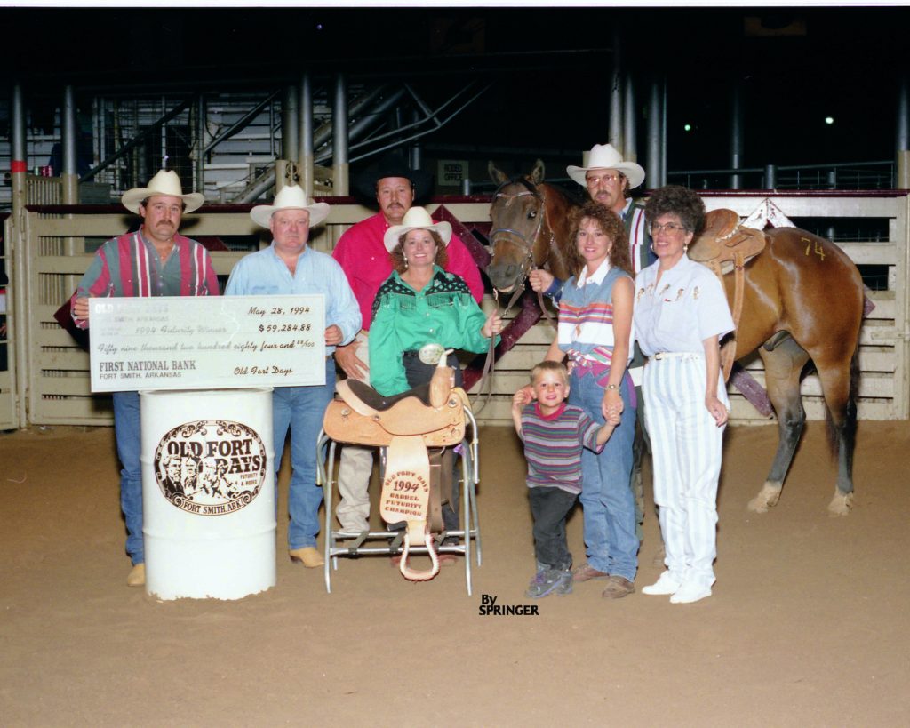 Kay Blandford's Old Fort Days Futurity win photo in 1994