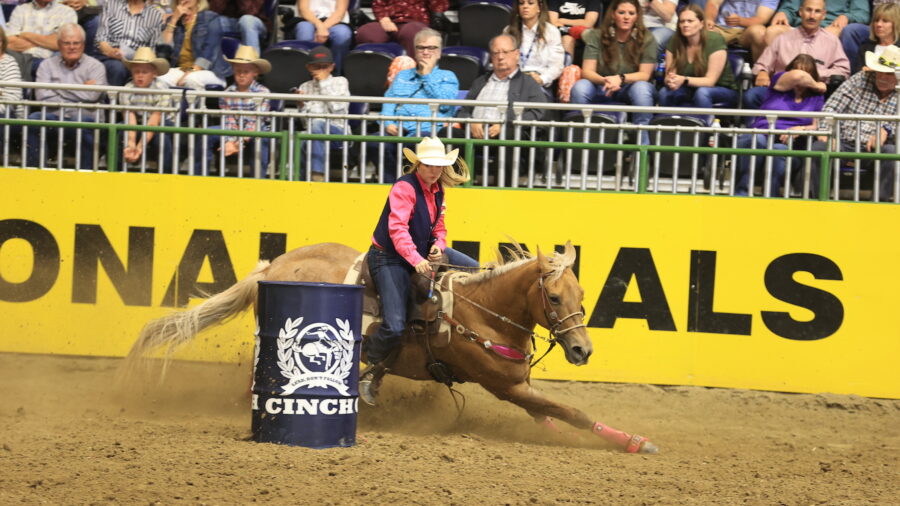 Sadie Wolaver turning the first barrel at the 2022 CNFR