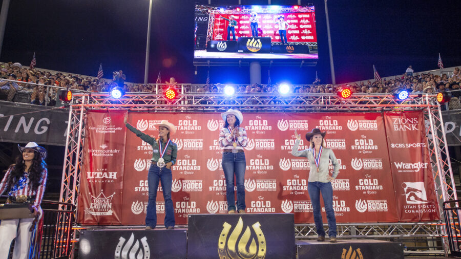 barrel racers stand on Days of '47 Gold Medal podium