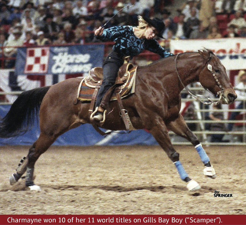 Charmayne James and Scamper running out of the arena at NFR