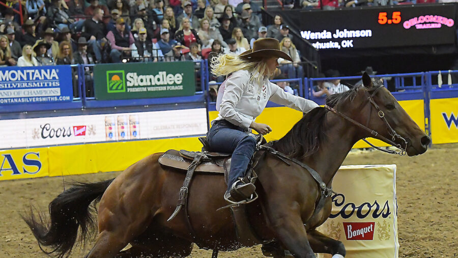 Wenda Johnson turns a barrel on bay horse