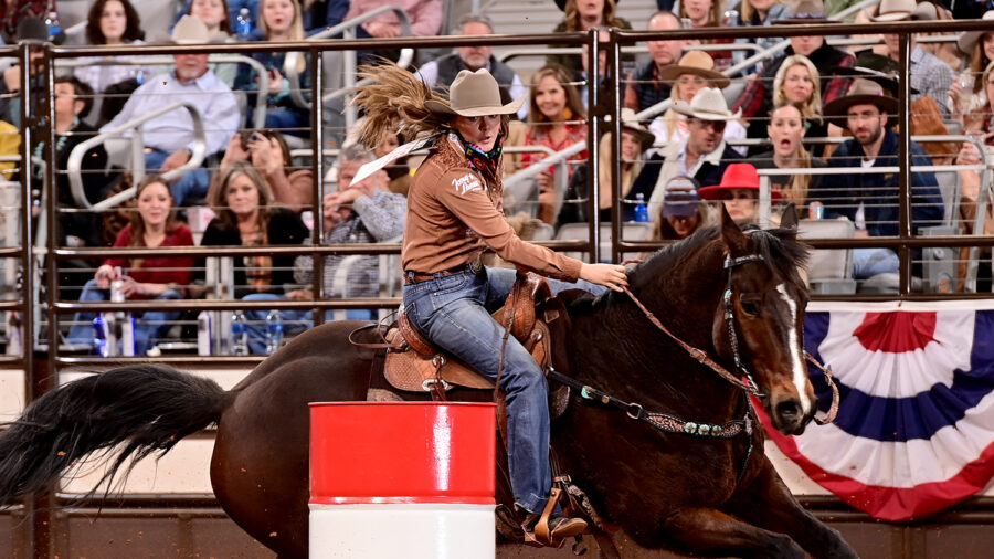 Jackie Ganter turns the first barrel in Fort Worth