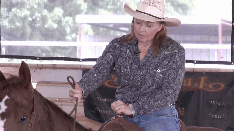 Jyme Beth Powell demonstrates an easy method she calls the Two and Two that you can use with your rein hand when going down the alley if you need to hold onto the horn when your horse takes off.  