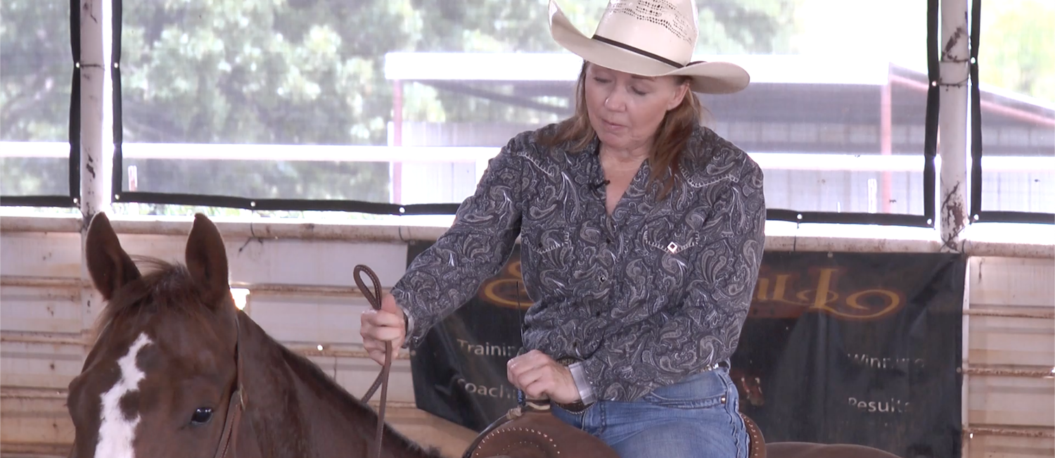 Jyme Beth Powell demonstrates an easy method she calls the Two and Two that you can use with your rein hand when going down the alley if you need to hold onto the horn when your horse takes off.  