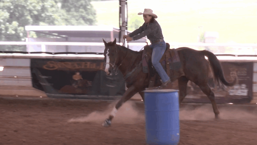 Jyme Beth Powell demonstrates her Two Barrel Flex Drill that helps her horse keep proper body position through a turn. 