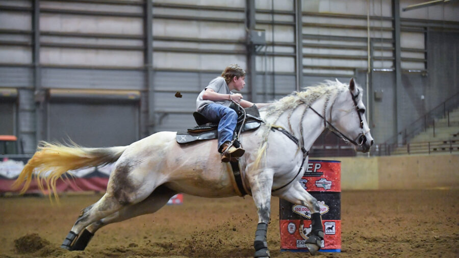 Will Harrington turns the first barrel on SR Epic Hail Mary at Starkville Fabulous $50000 barrel race