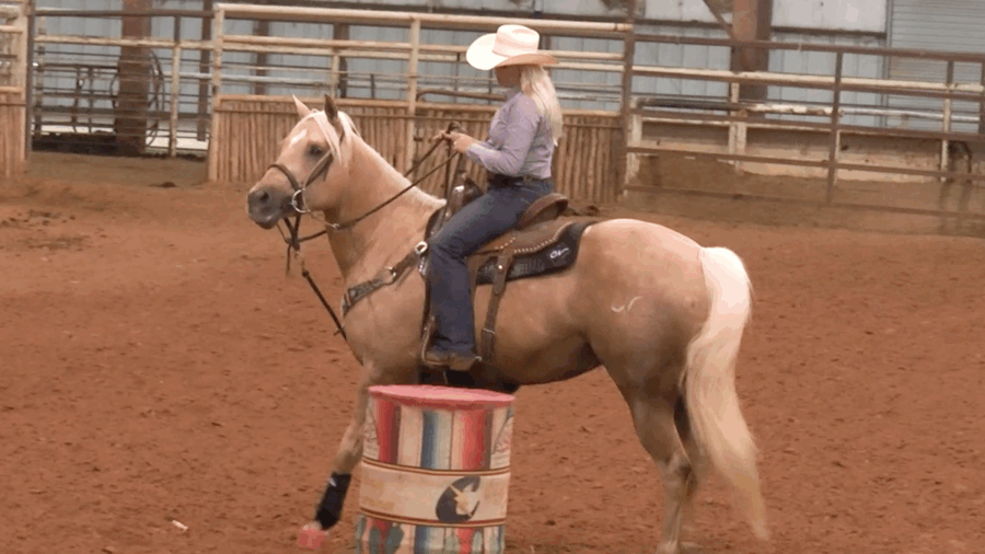 Cierra Nelson demonstrates how she teaches horses to speed up around the turn.