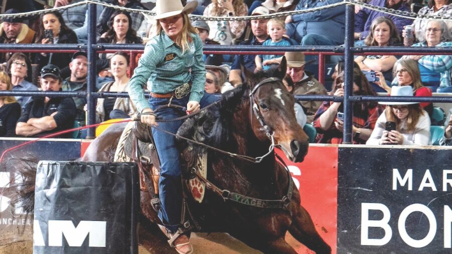Tessa Arnold and Latte Ditto hold the new arena record inside the Denver Coliseum of 14.50. NWSSR Photo by Andersen C Bar C Photography