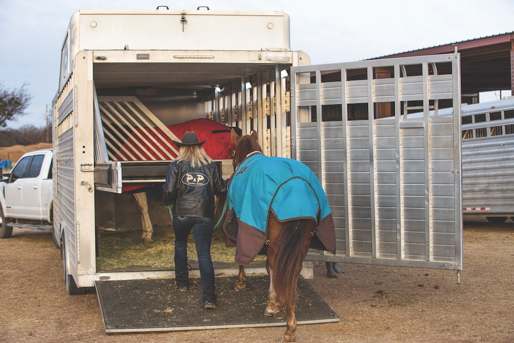 A girl loading a horse onto a trailer.