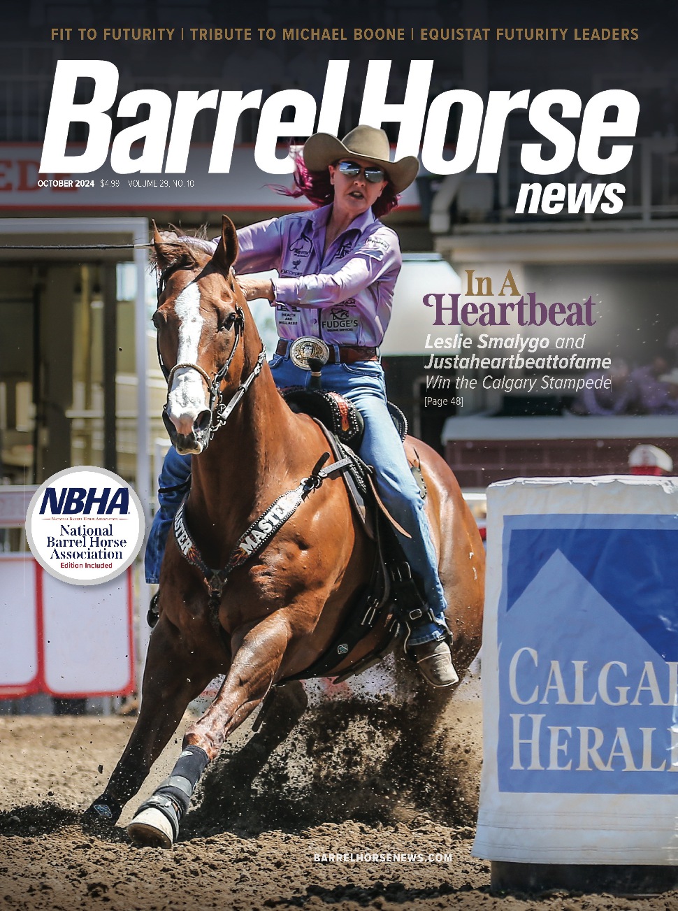 Leslie Smalygo and Justaheartbeattofame win the Calgary Stampede and move into the No. 1 position in the WPRA world standings. Photo by Libin Sports Photography