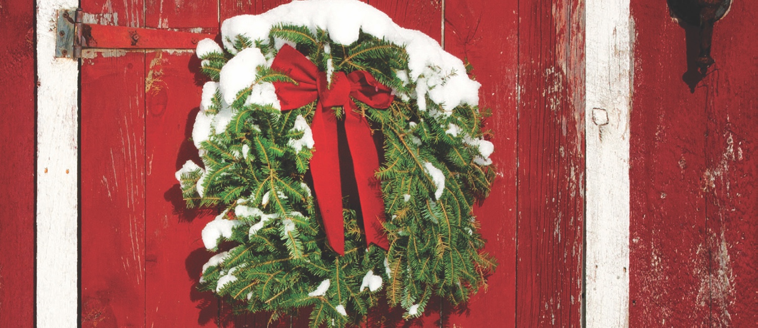 Wreath with snow and a red bow on a red wooden door