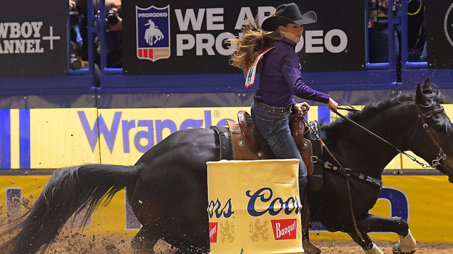 Kassie Mowry turning barrel at Wrangler NFR