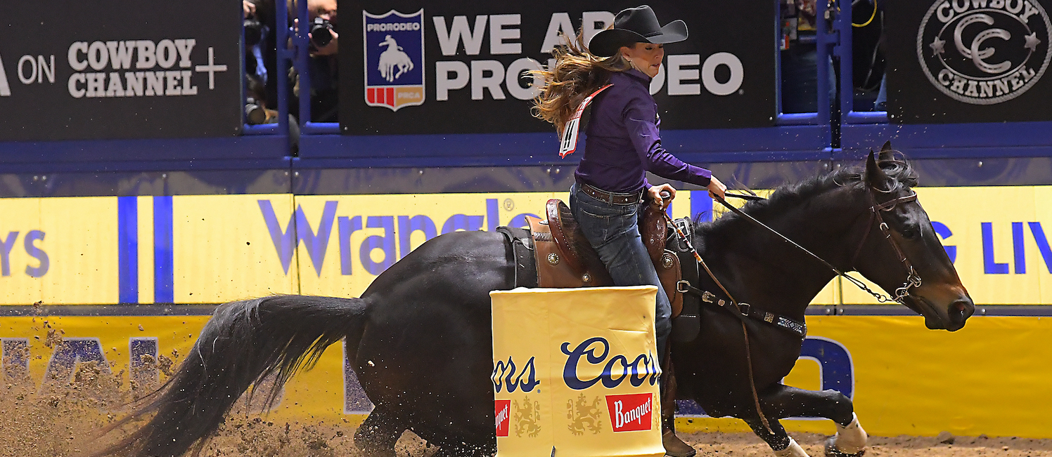 Kassie Mowry turning barrel at Wrangler NFR