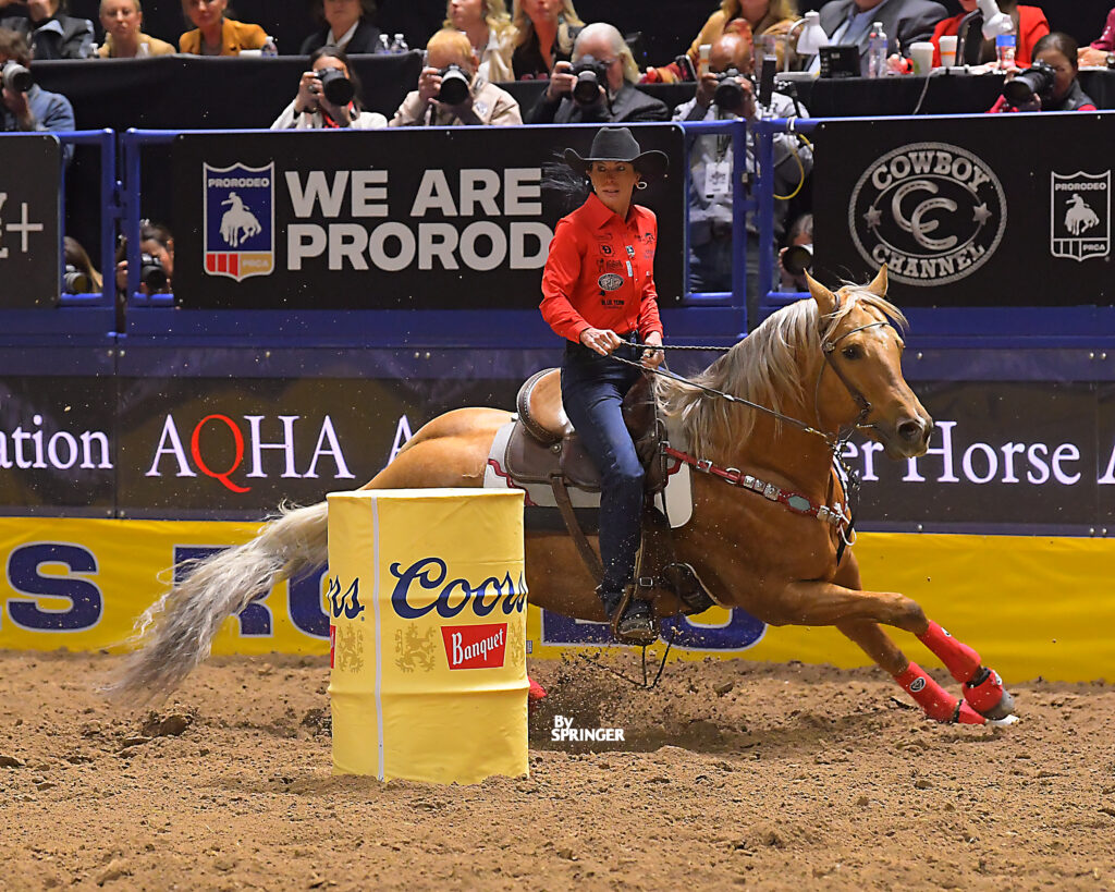 LaTricia Duke turning the first barrel at the 2024 NFR