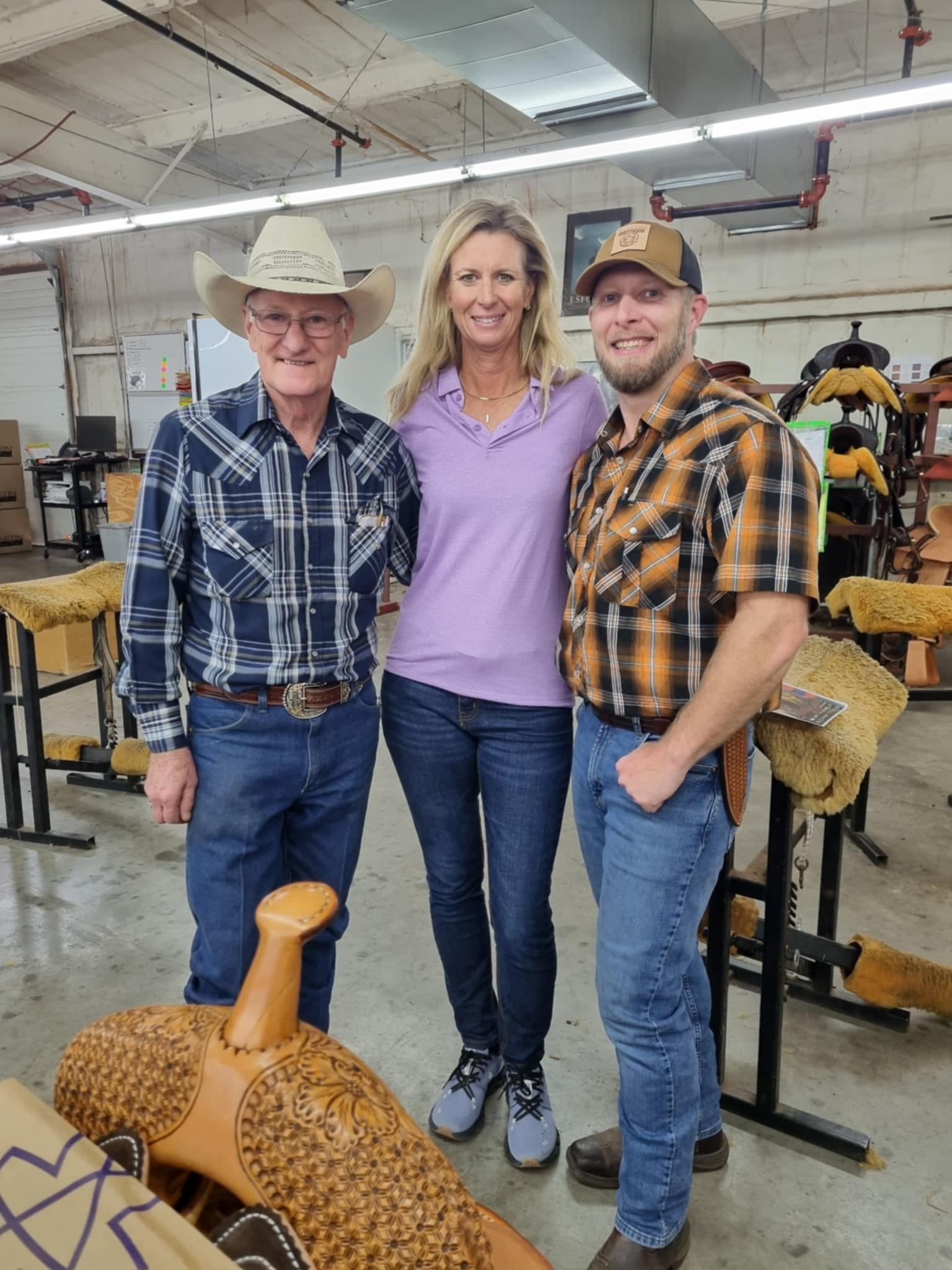 From left to right: Eddy Powell, Sherry Cervi and Brodie Powell in 2024. Photo courtesy Martin Saddlery