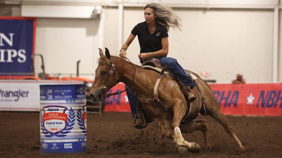 Charmayne James turning a barrel at one of her clinics