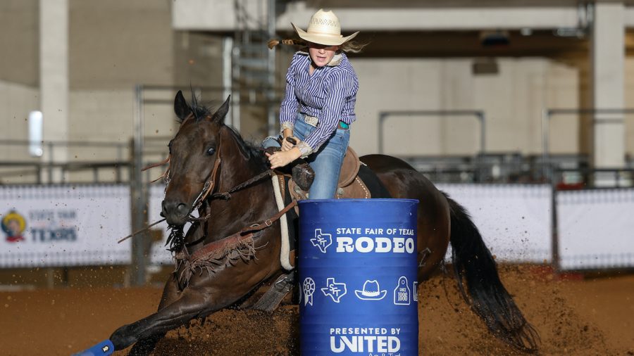 Meredith Wrobleski and her gelding Hez Runnin Ta Heaven top the State Fair of Texas 5D Barrel Race, held in Dallas, Texas.