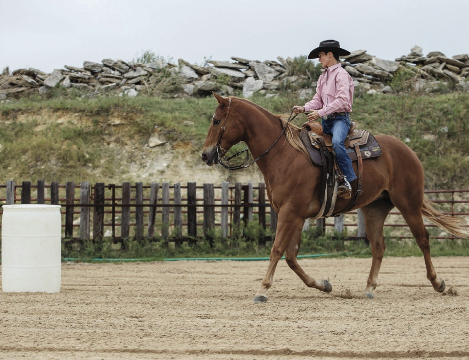 After a couple of circles around one barrel, switch directions to go around another barrel to complete the figure eight. You can continue on to a third barrel if you've set them up in a line, but it's not necessary for the exercise.  